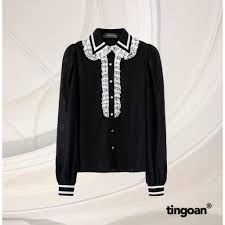 Áo Sơ Mi Cổ Bẻ Phối Dây Nơ Viền Tay Áo YULIA SHIRT/WH Cổ Đen